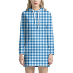 Blue And White Check Pattern Print Hoodie Dress