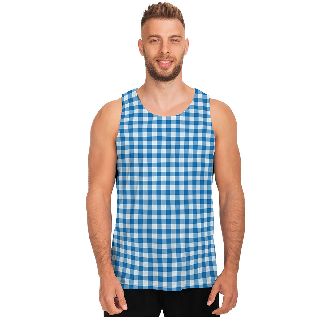 Blue And White Check Pattern Print Men's Tank Top