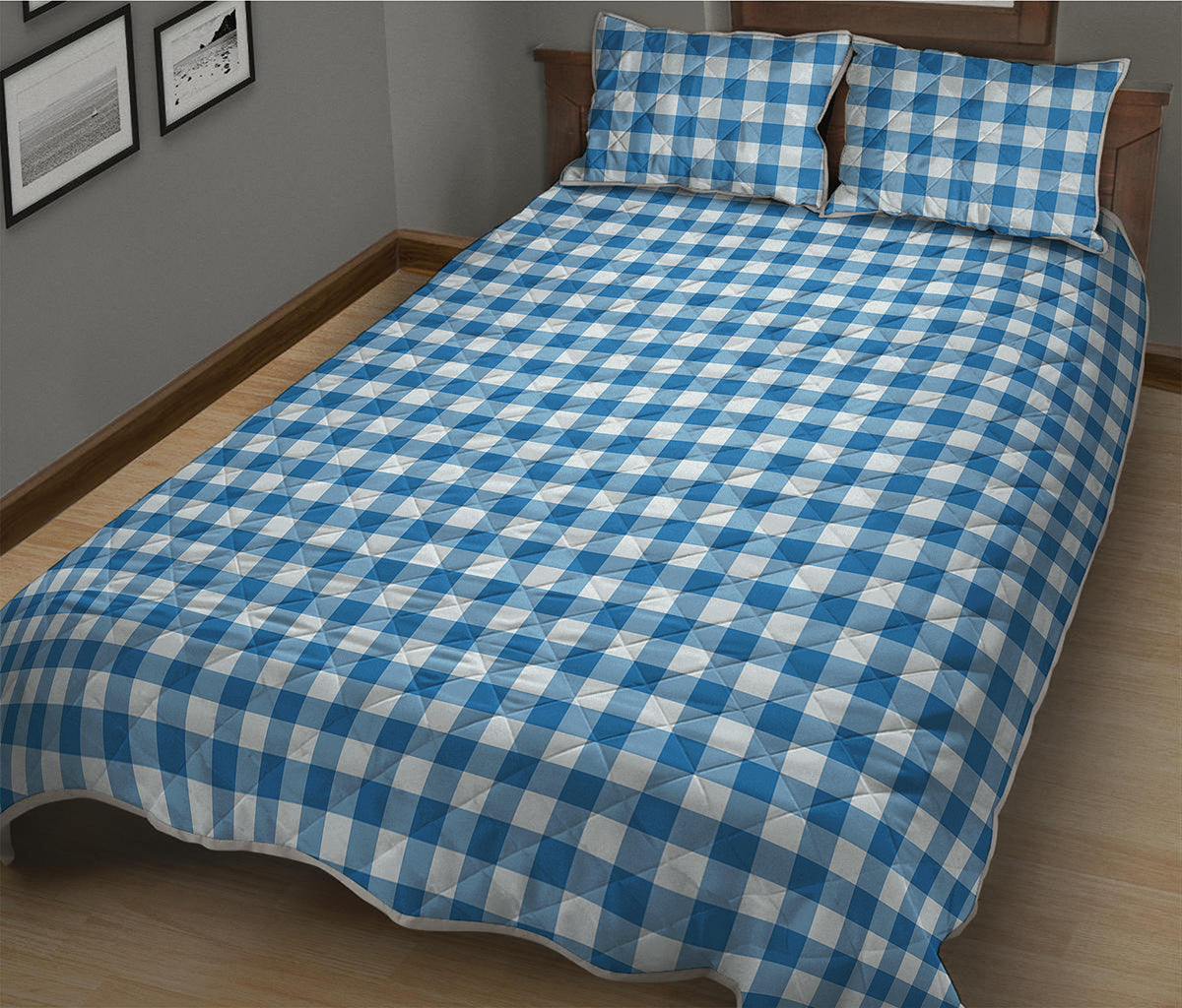 Blue And White Check Pattern Print Quilt Bed Set