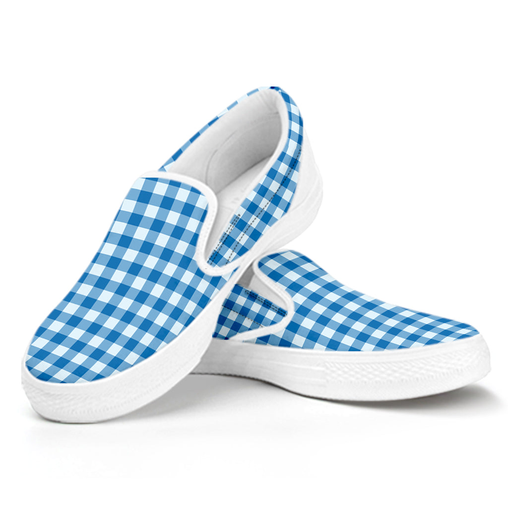 Blue And White Check Pattern Print White Slip On Shoes