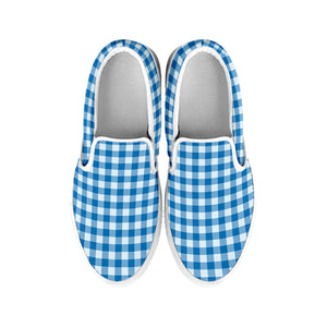 Blue And White Check Pattern Print White Slip On Shoes