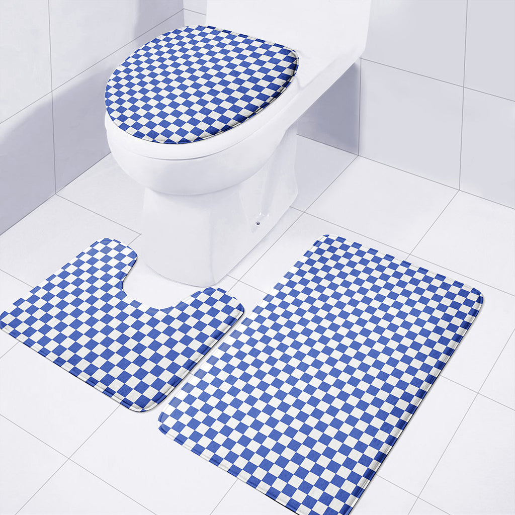 Blue And White Checkered Pattern Print 3 Piece Bath Mat Set