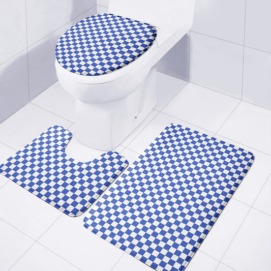 Blue And White Checkered Pattern Print 3 Piece Bath Mat Set
