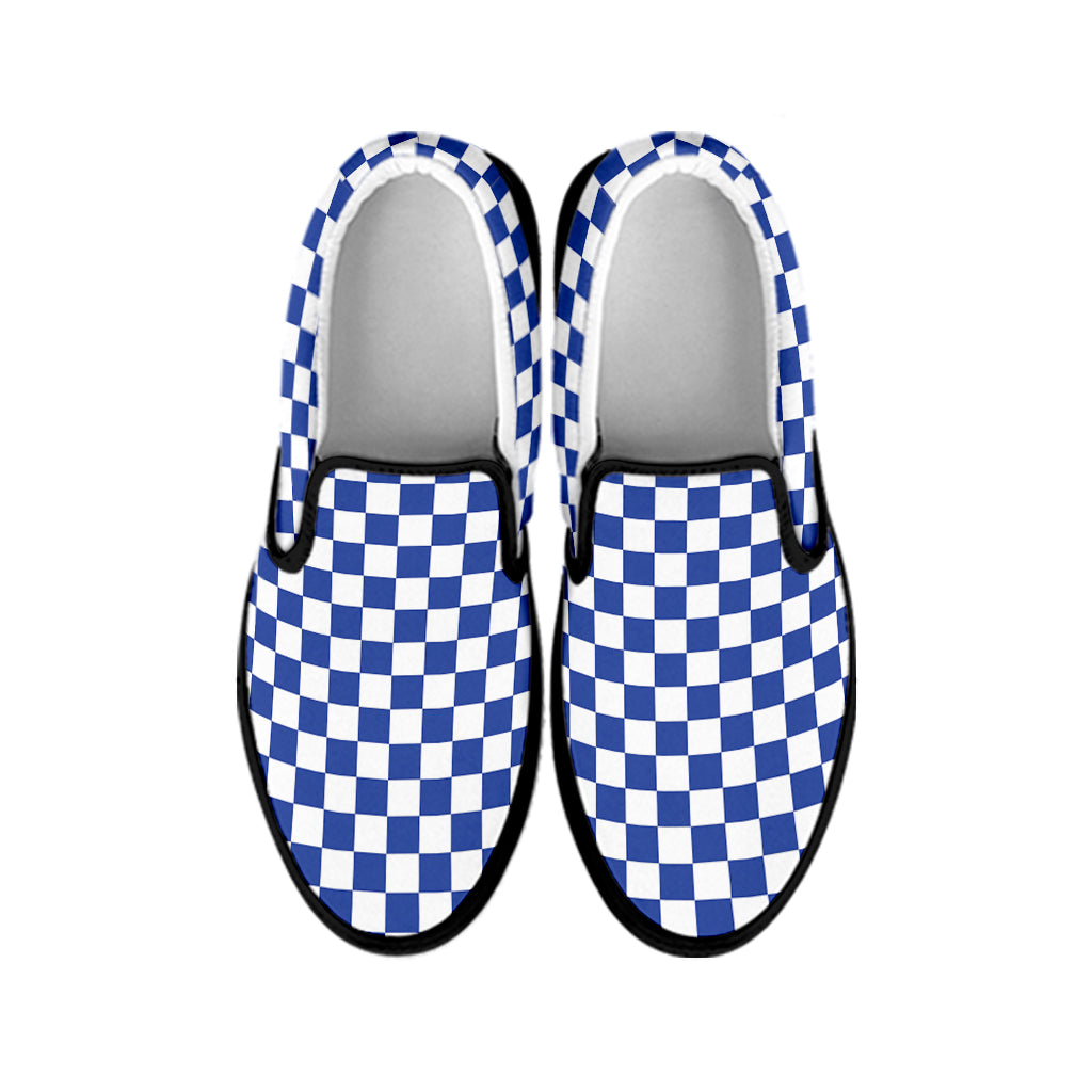 Blue And White Checkered Pattern Print Black Slip On Shoes