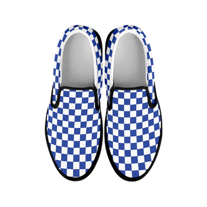 Blue And White Checkered Pattern Print Black Slip On Shoes