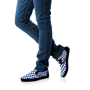 Blue And White Checkered Pattern Print Black Slip On Shoes