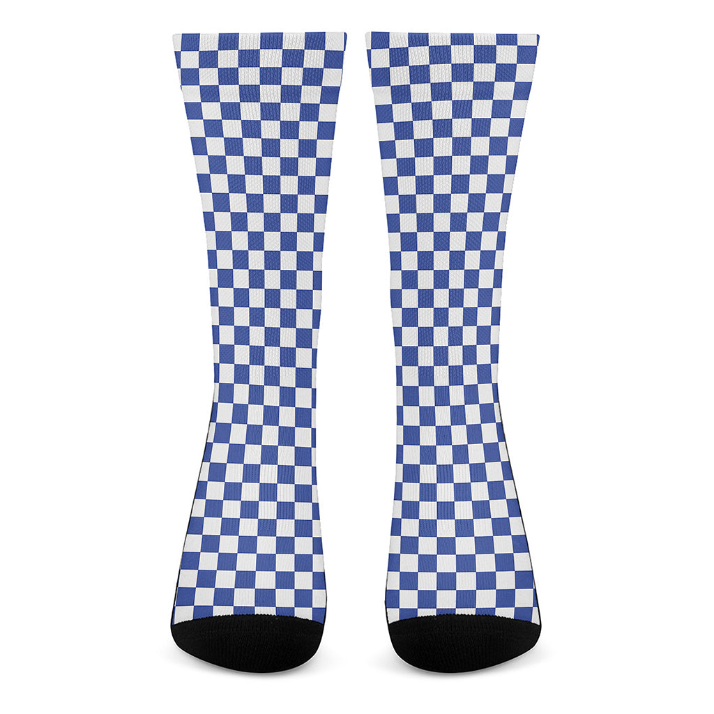 Blue And White Checkered Pattern Print Crew Socks