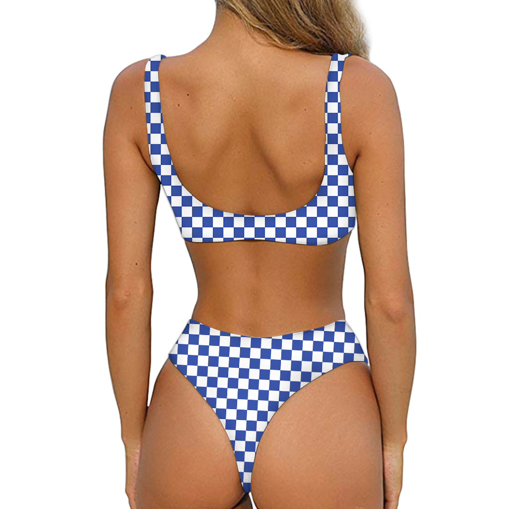 Blue And White Checkered Pattern Print Front Bow Tie Bikini