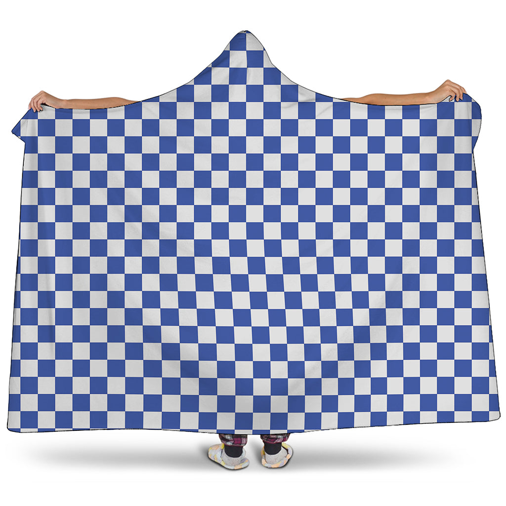 Blue And White Checkered Pattern Print Hooded Blanket