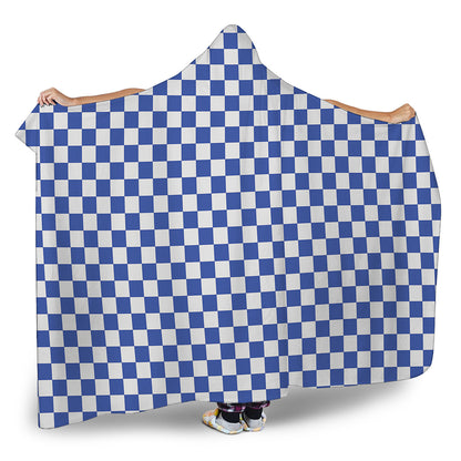 Blue And White Checkered Pattern Print Hooded Blanket