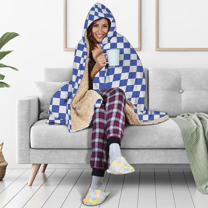Blue And White Checkered Pattern Print Hooded Blanket