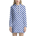 Blue And White Checkered Pattern Print Pullover Hoodie Dress