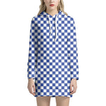 Blue And White Checkered Pattern Print Hoodie Dress
