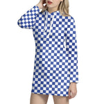Blue And White Checkered Pattern Print Hoodie Dress
