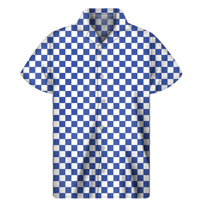 Blue And White Checkered Pattern Print Men's Short Sleeve Shirt