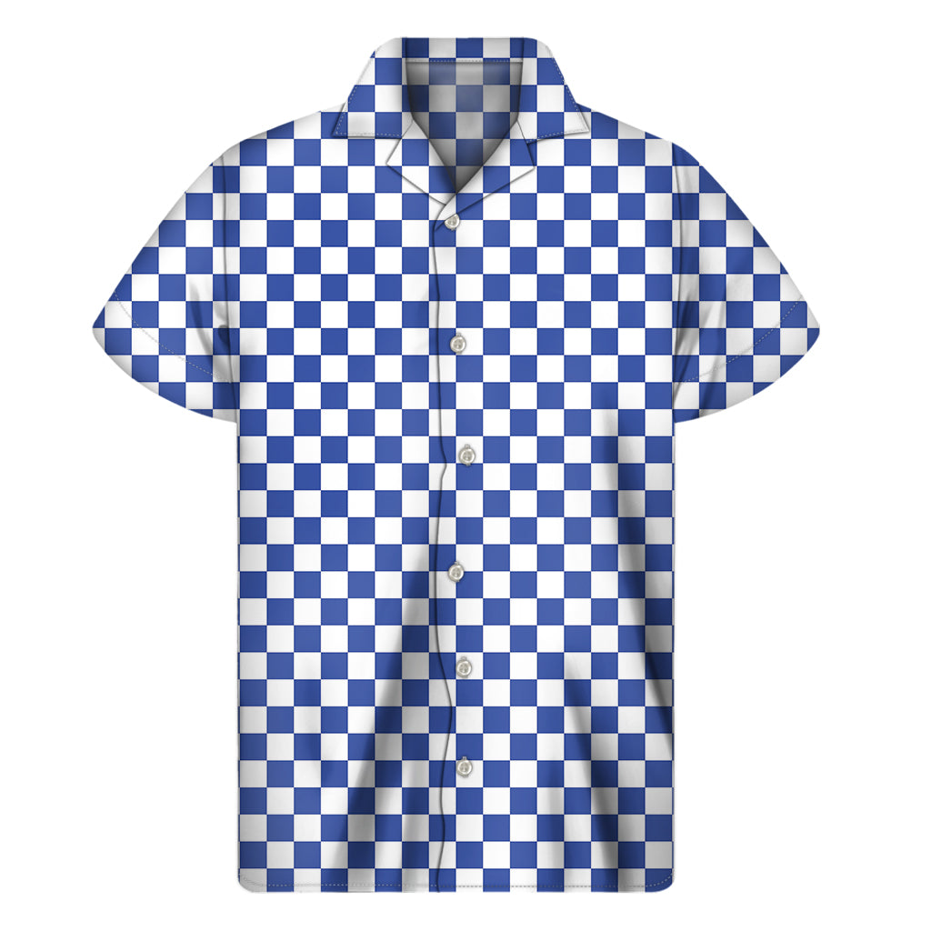 Blue And White Checkered Pattern Print Men's Short Sleeve Shirt