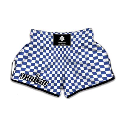 Blue And White Checkered Pattern Print Muay Thai Boxing Shorts