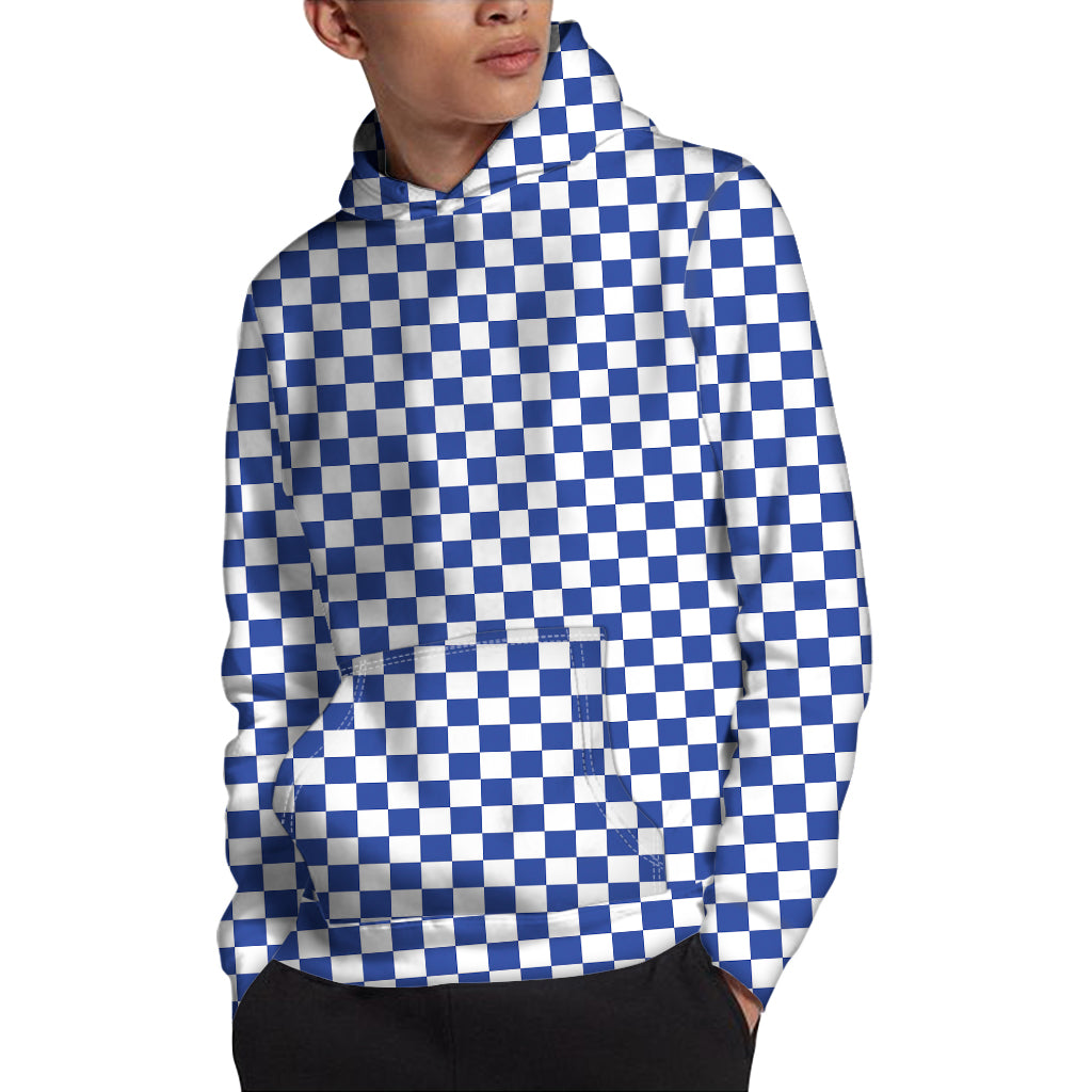 Blue And White Checkered Pattern Print Pullover Hoodie