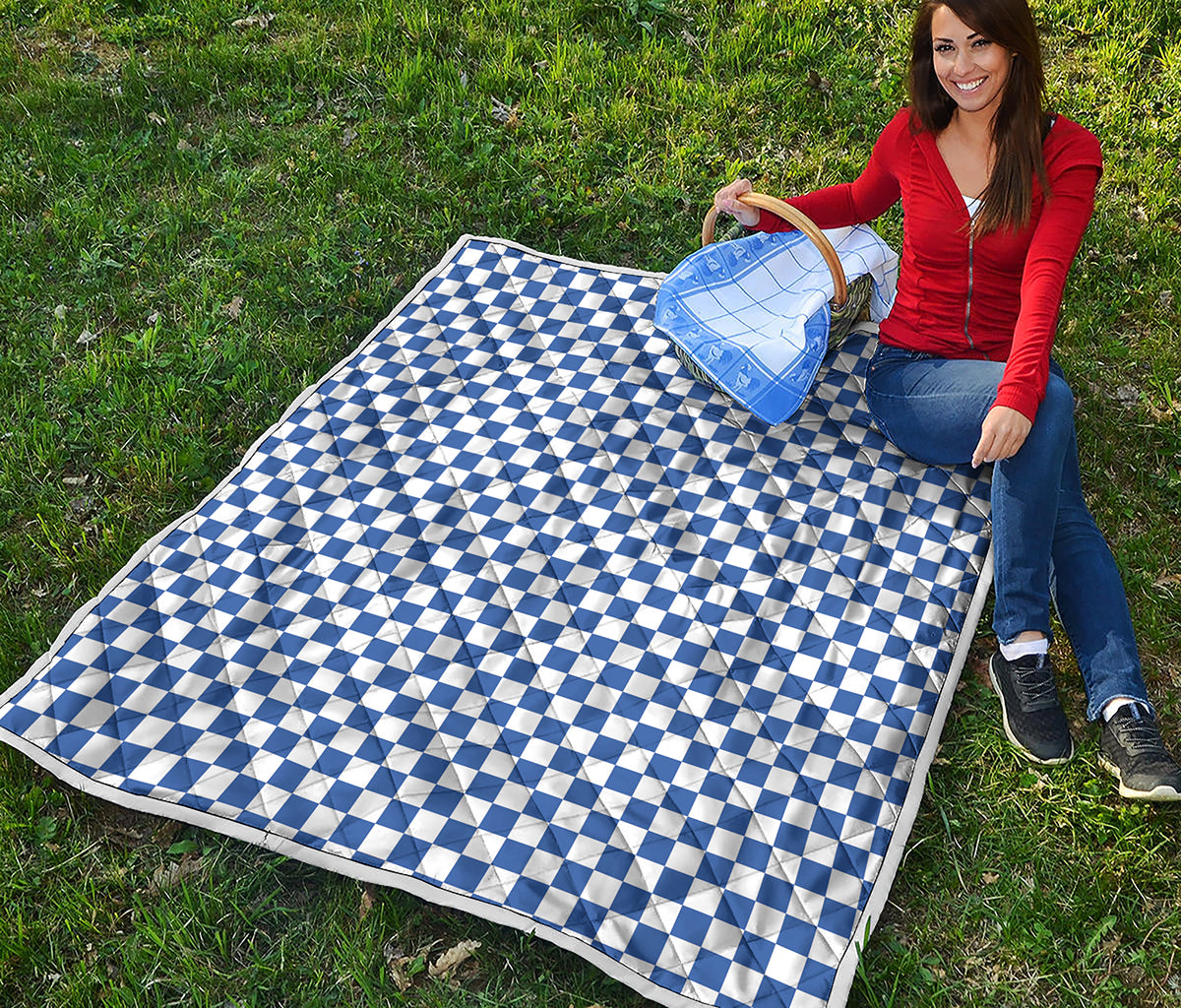 Blue And White Checkered Pattern Print Quilt