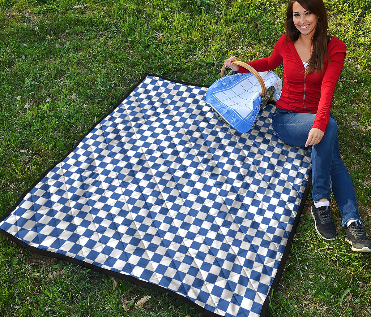 Blue And White Checkered Pattern Print Quilt