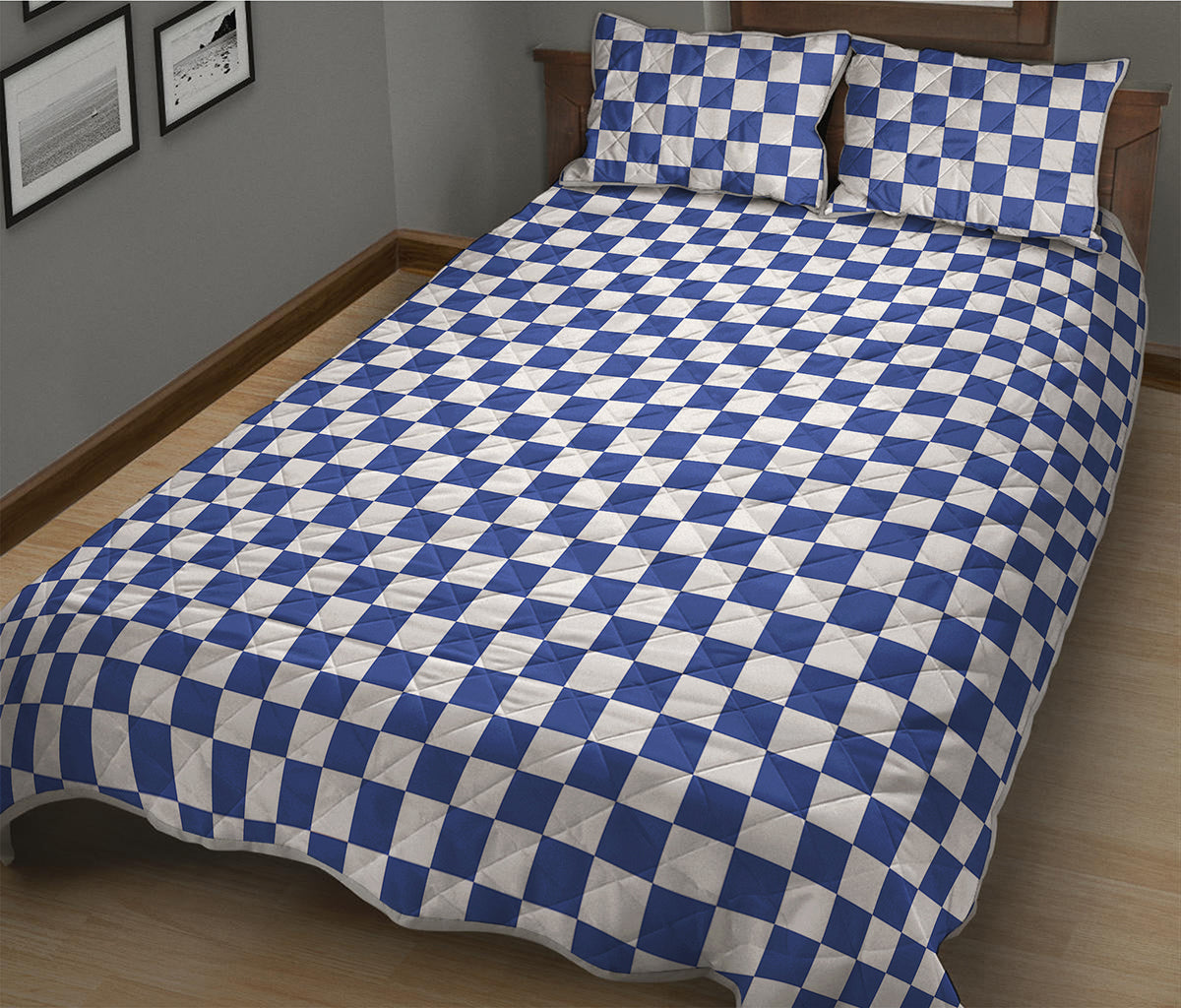 Blue And White Checkered Pattern Print Quilt Bed Set