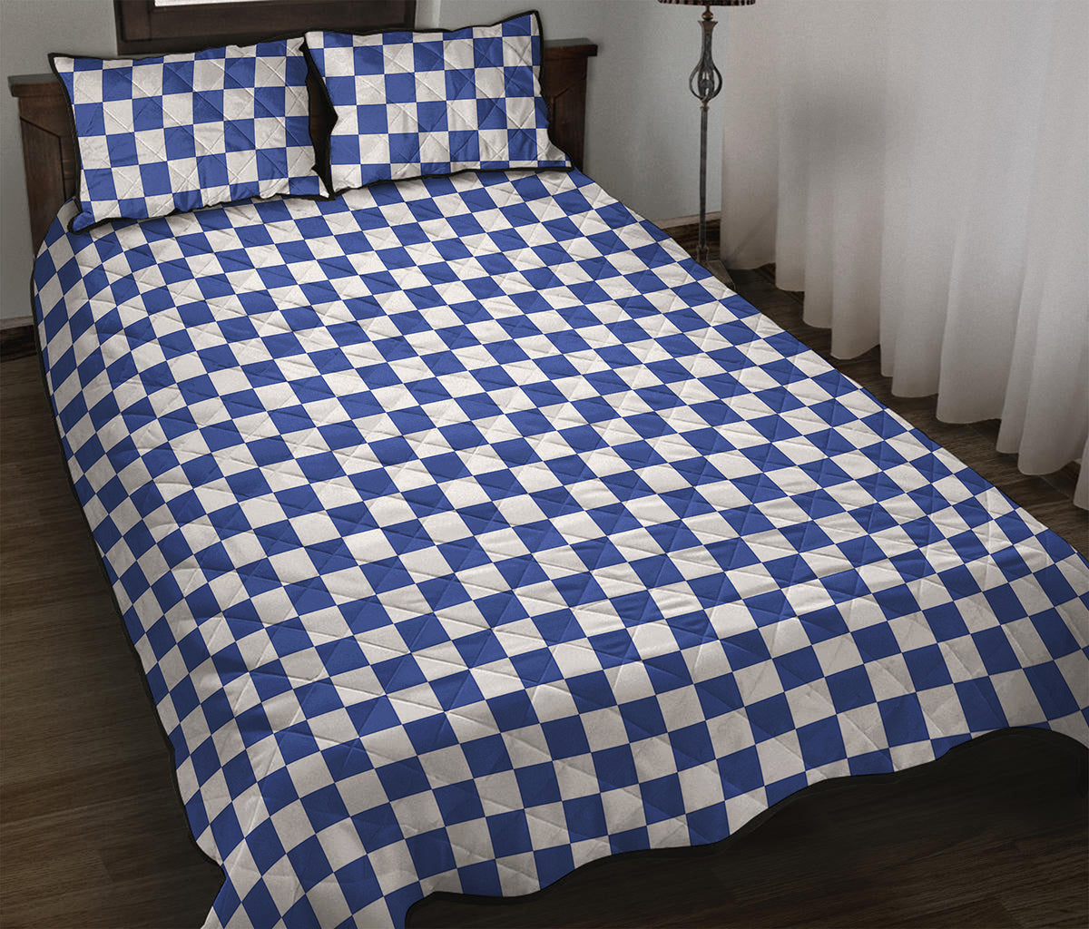 Blue And White Checkered Pattern Print Quilt Bed Set