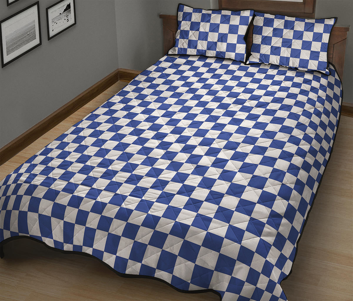 Blue And White Checkered Pattern Print Quilt Bed Set