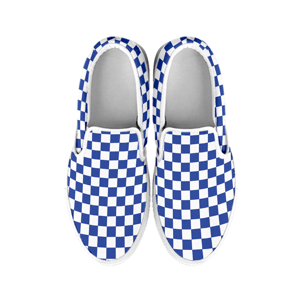 Blue And White Checkered Pattern Print White Slip On Shoes