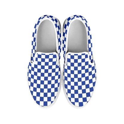 Blue And White Checkered Pattern Print White Slip On Shoes