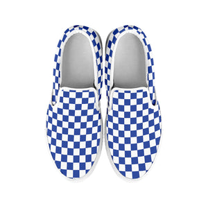 Blue And White Checkered Pattern Print White Slip On Shoes