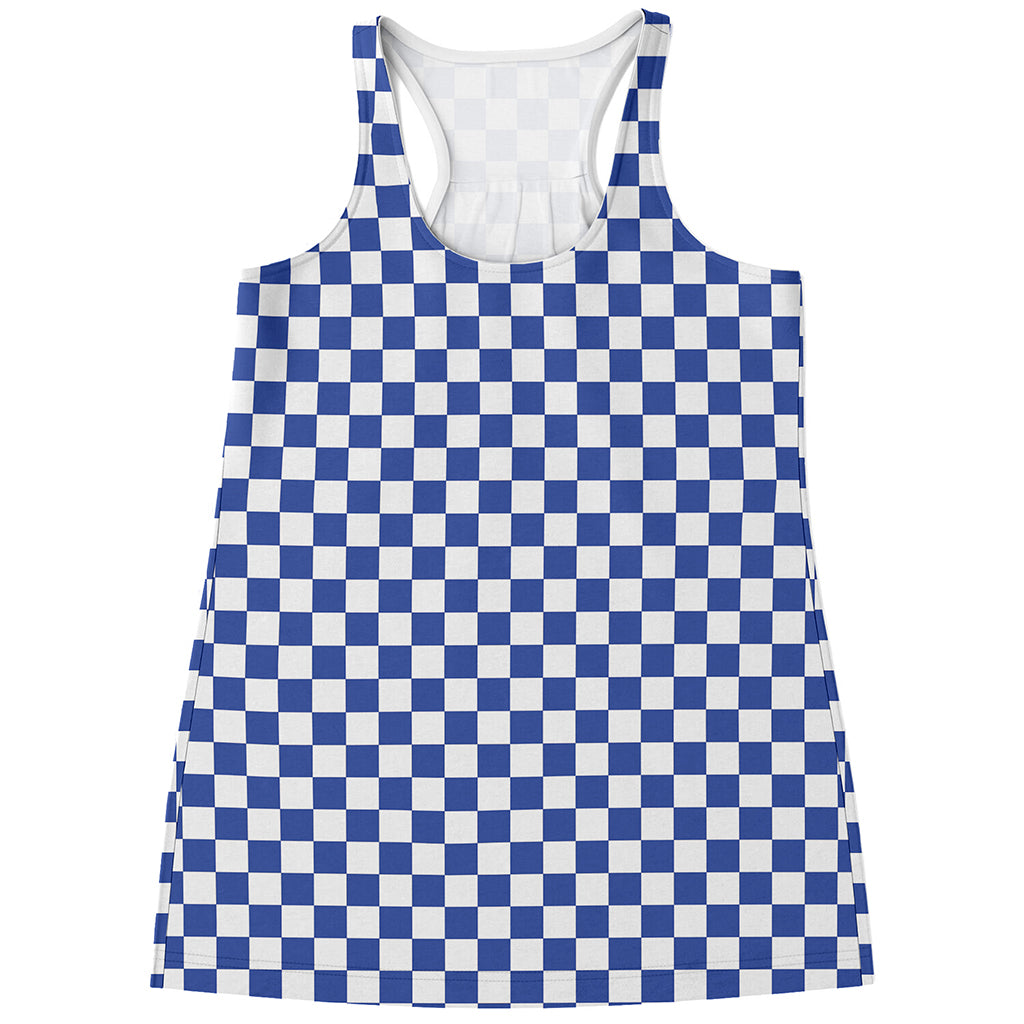 Blue And White Checkered Pattern Print Women's Racerback Tank Top
