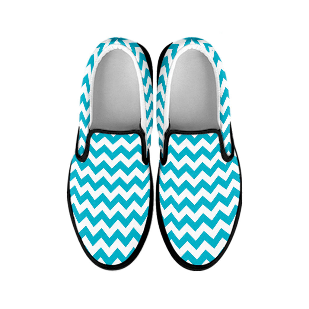 Blue And White Chevron Pattern Print Black Slip On Shoes