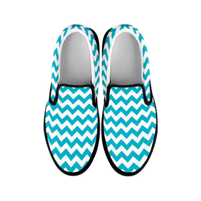 Blue And White Chevron Pattern Print Black Slip On Shoes