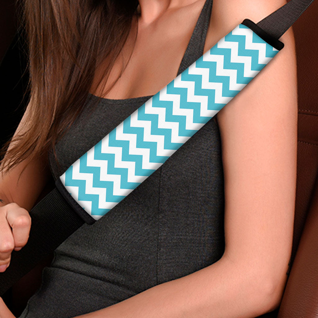 Blue And White Chevron Pattern Print Car Seat Belt Covers