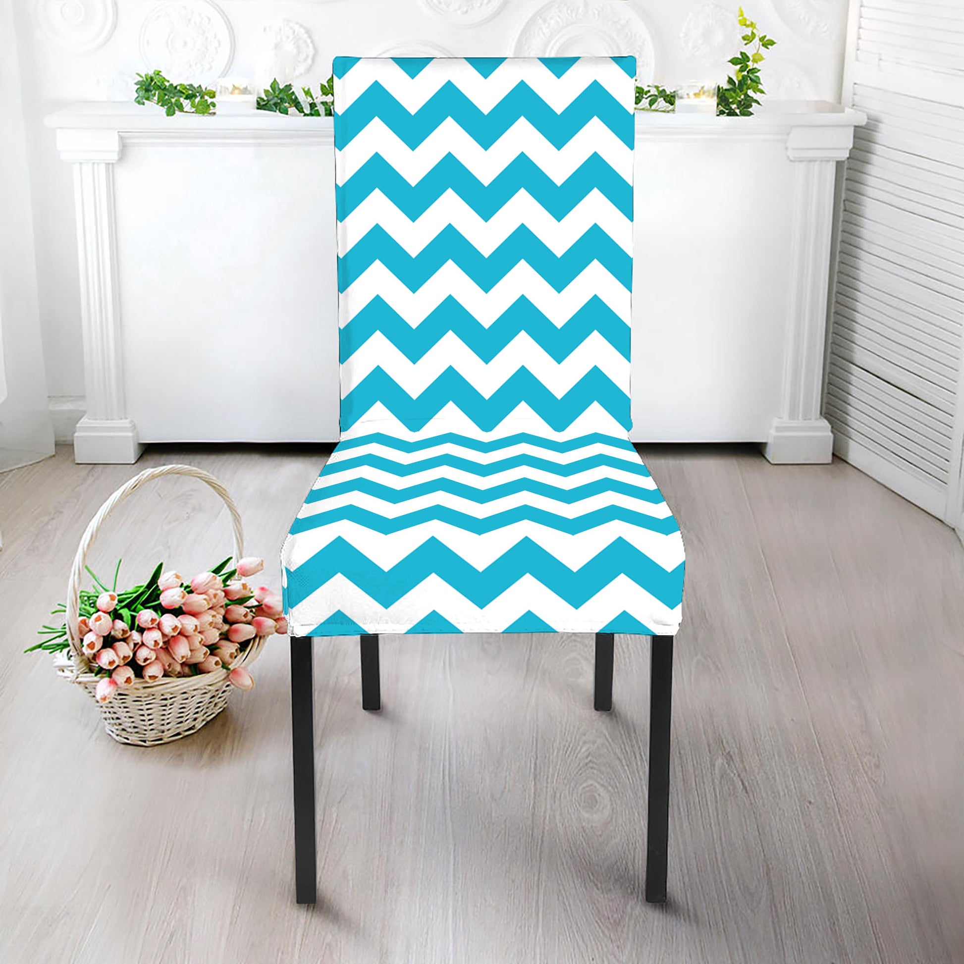 Blue And White Chevron Pattern Print Dining Chair Slipcover