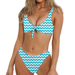 Blue And White Chevron Pattern Print Front Bow Tie Bikini