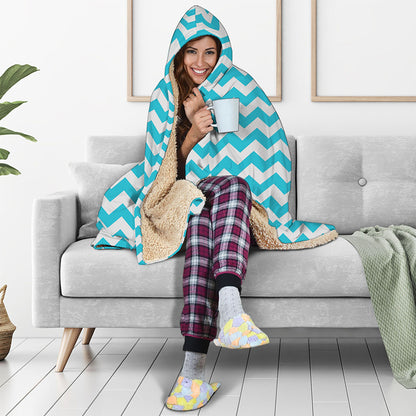 Blue And White Chevron Pattern Print Hooded Blanket
