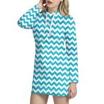 Blue And White Chevron Pattern Print Hoodie Dress