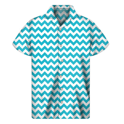 Blue And White Chevron Pattern Print Men's Short Sleeve Shirt