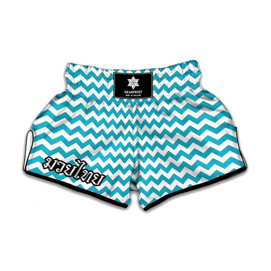 Blue And White Chevron Pattern Print Muay Thai Boxing Shorts