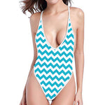 Blue And White Chevron Pattern Print One Piece High Cut Swimsuit