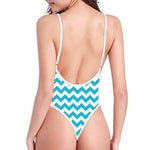 Blue And White Chevron Pattern Print One Piece High Cut Swimsuit