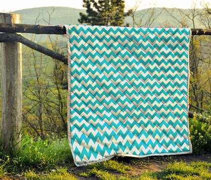 Blue And White Chevron Pattern Print Quilt