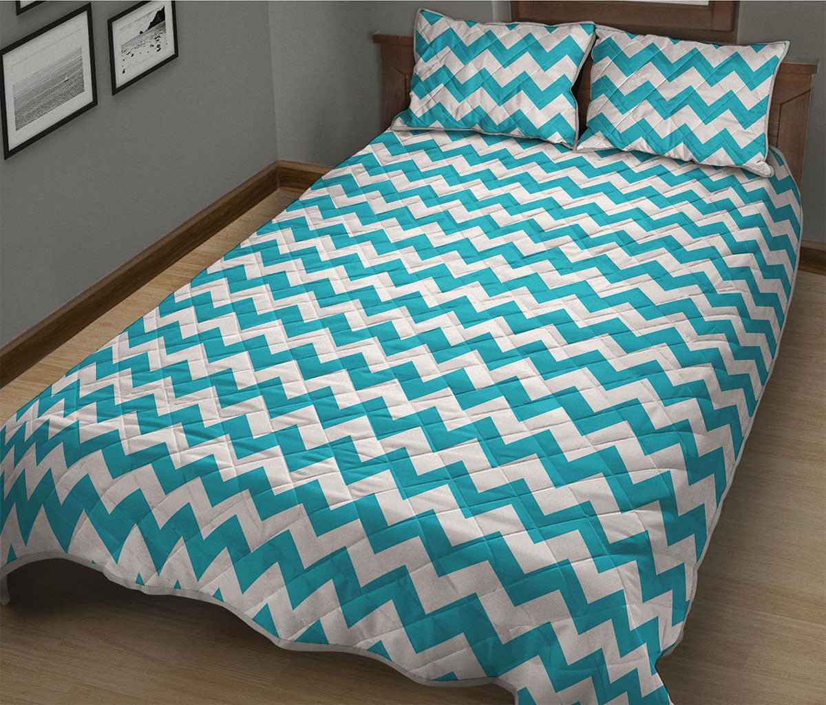 Blue And White Chevron Pattern Print Quilt Bed Set