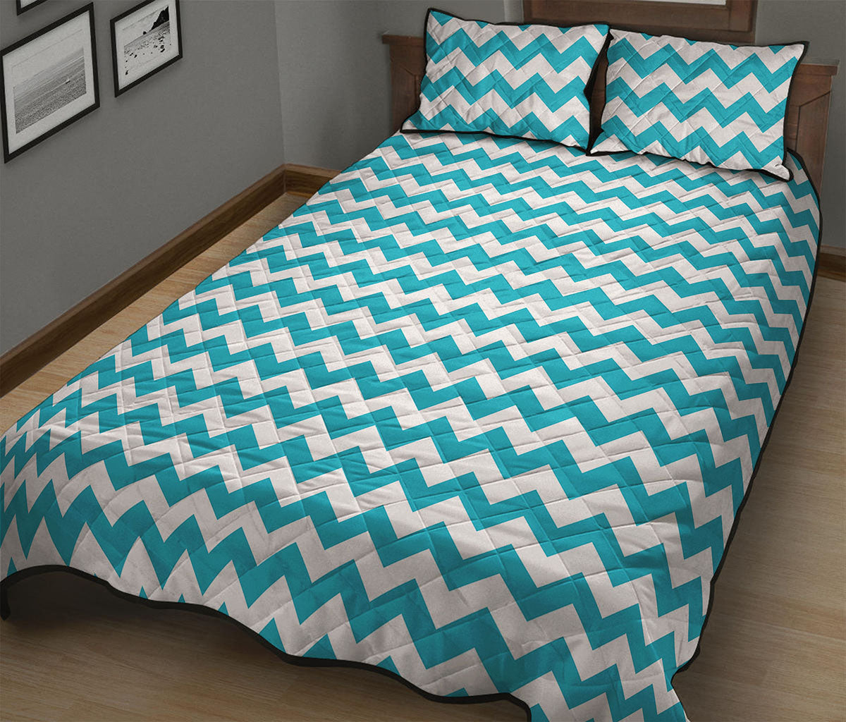 Blue And White Chevron Pattern Print Quilt Bed Set