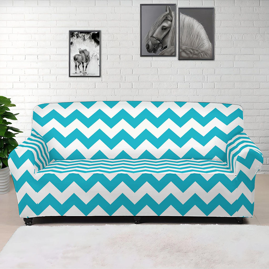 Blue And White Chevron Pattern Print Sofa Cover