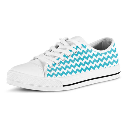 Blue And White Chevron Pattern Print White Low Top Shoes