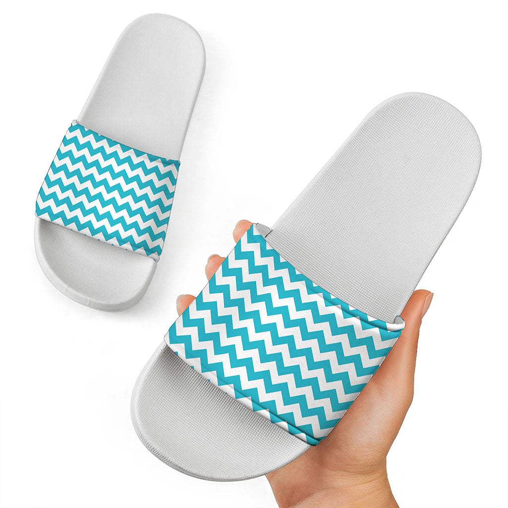 Blue And White Chevron Pattern Print White Slide Sandals