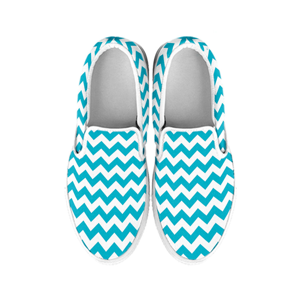 Blue And White Chevron Pattern Print White Slip On Shoes