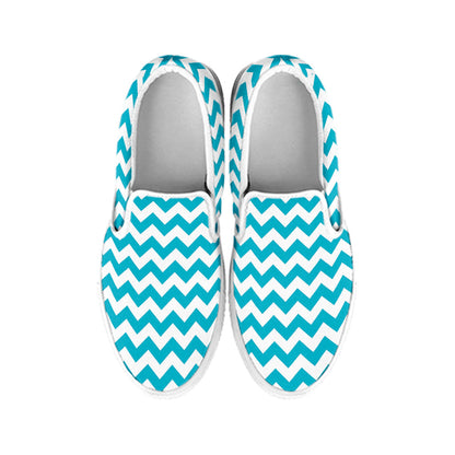Blue And White Chevron Pattern Print White Slip On Shoes